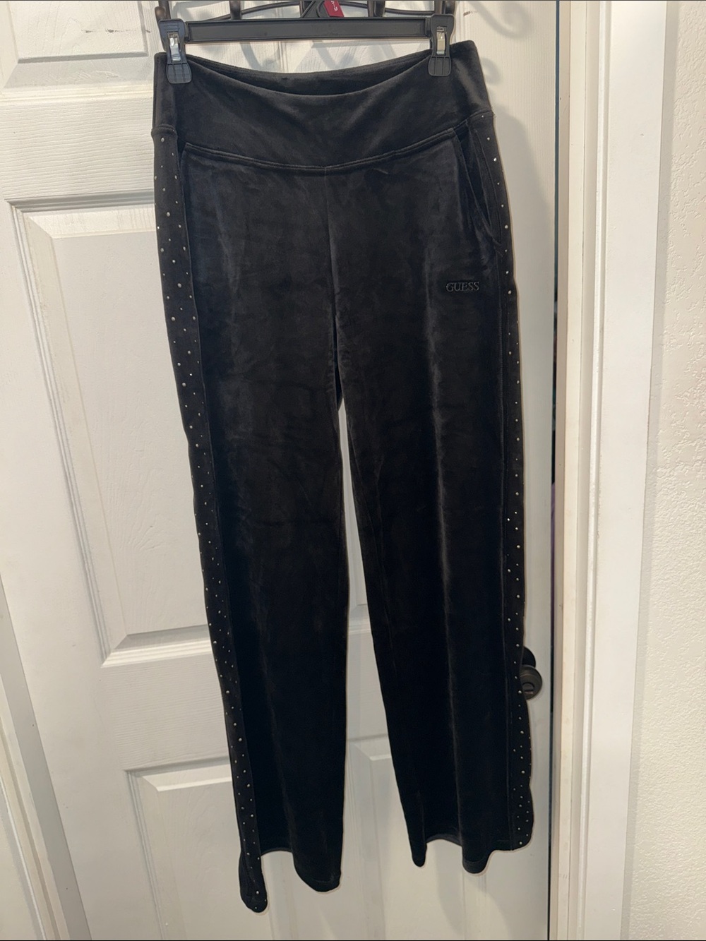GUESS Black Velvet Wide-Leg Pants with Side Stud Trim